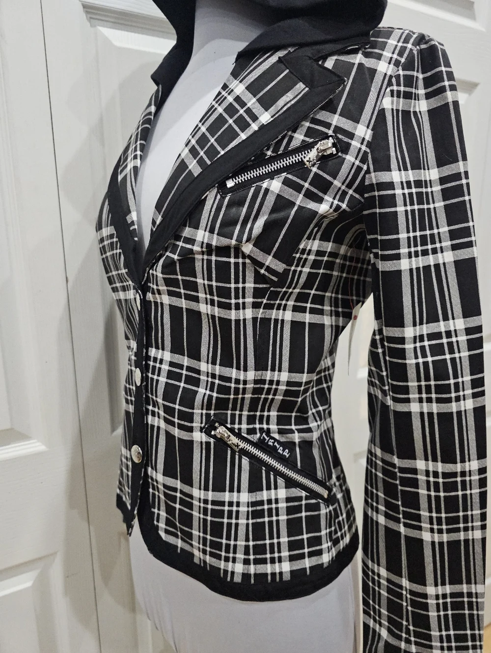 Rare Vintage Punk Goth Tripp NYC Black & White Plaid Snap Blazer Jacket Coat S - Picture 2 of 12